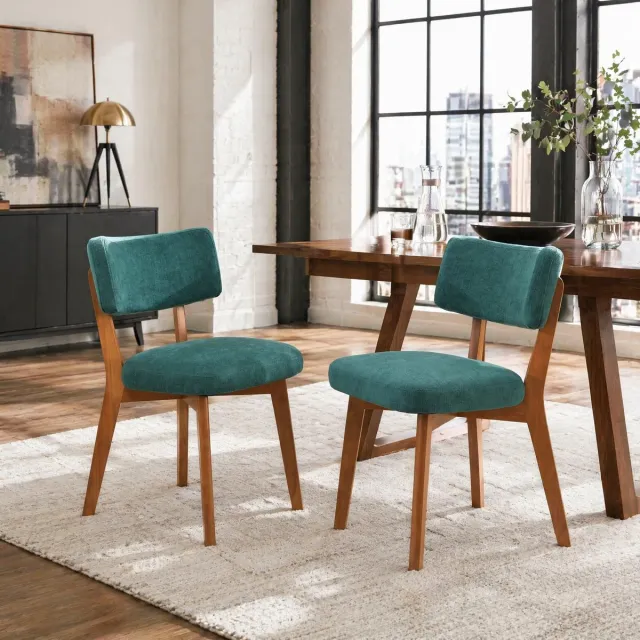 Wishdor Eetkamerstoel set van 2 - Mid-century retro design - Stoffen zitting en houten onderstel - Voor eetkamer, keuken en kantoor - 77 cm hoog Groen