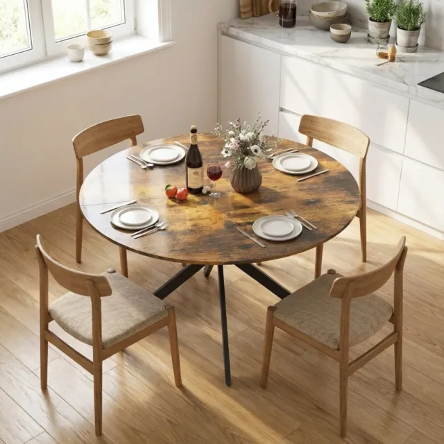 OKWISH Ronde Eettafel Met Stalen X Poten Voor Vier Personen Industrieel Hout Rustiek Bruin Keuken Diameter 120 Cm Hoogte 75 Cm