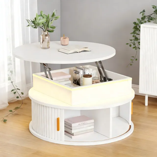MEUNIQ ronde hoogteverstelbare salontafel Ø 75 cm met hoogglans blad, LED-verlichting, 5 opbergvakken en 2 roldeuren voor woonkamer, wit