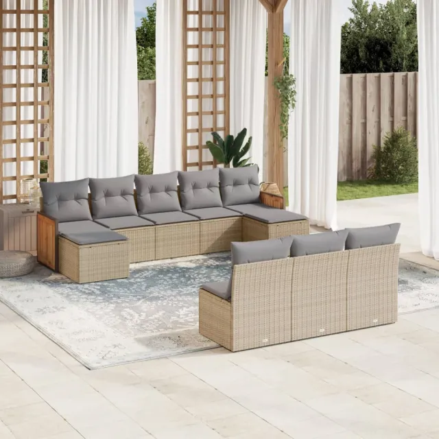 vidaXL 10-delige Loungeset met kussens poly rattan beige, foto 2