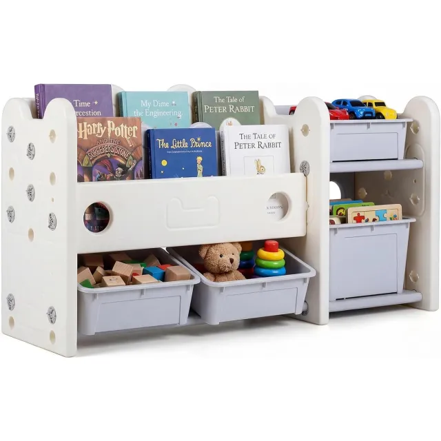 KOMFOTTEU Kinderboekenplank - 2-in-1 kinderboekenplank met speelgoedplank - Montessori kinderboekenplank met 2 planken en 4 opbergdozen - katvormige speelgoedorganizer - voor kinderkamers wit