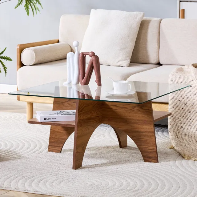 OKWISH Salontafel - Vierkant Veiligheidsglas Met Opbergvak - Modern Minimalistisch Design - Walnootkleur MDF - 80 X 80 X 40 Cm Walnut