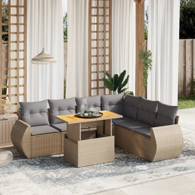 vidaXL 7-delige Loungeset met kussens poly rattan beige, foto 2