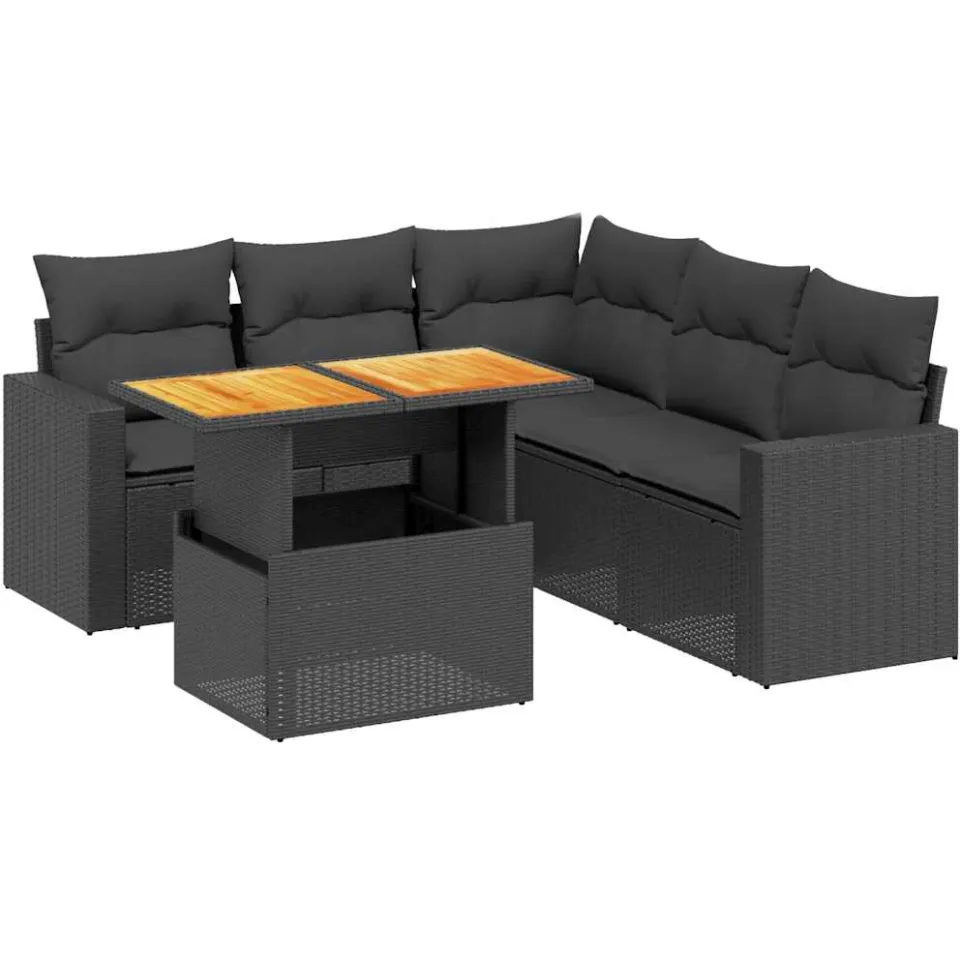 vidaXL 6-delige Loungeset met kussens poly rattan zwart, foto 3
