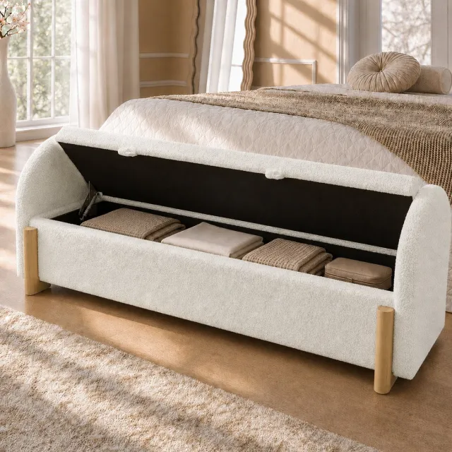 MODENUIT Opbergbank – Hydraulische Opbergruimte – 166 x 47 x 61 cm – Chenille-Bouclé en Hout – Wit – Binnen
