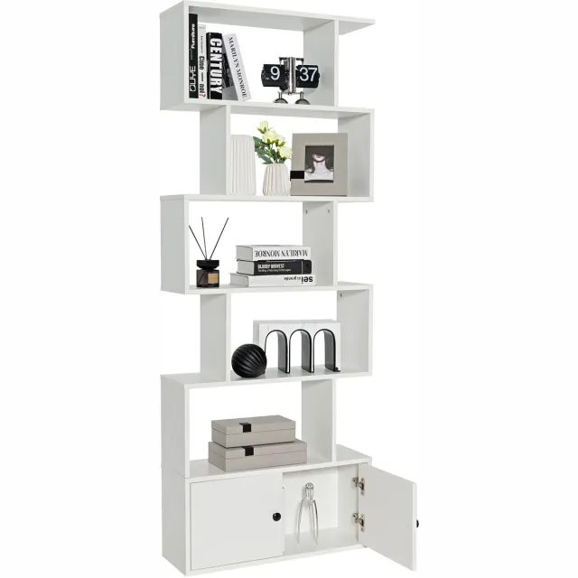 Costway Boekenplank met kast, 6-Laags S-vormige Boekenkast met Deuren, Vrijstaande Houten Decoratieve Opbergplanken voor Woonkamer, Slaapkamer, Thuiskantoor (Wit)
