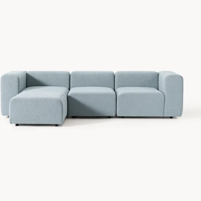 Westwing Collection Modulaire bouclé bank Lena (4-zits) met poef (links/rechts) Lichtblauw