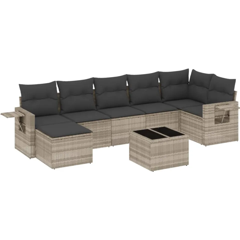 vidaXL 8-delige Loungeset met kussens poly rattan lichtgrijs grijs