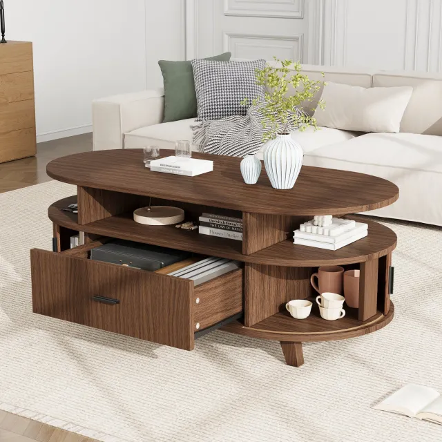 CHICFURN Salontafel 100 cm - Met opbergruimte - Lade en roldeuren - Walnootkleur