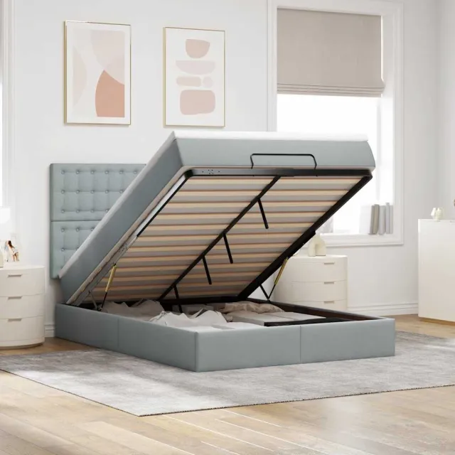 vidaXL Ottoman bed met matras en LED's 140x200cm stof lichtgrijs grijs