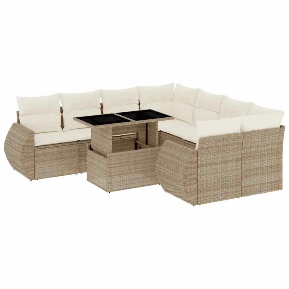 vidaXL 9-delige Loungeset met kussens poly rattan beige, foto 3