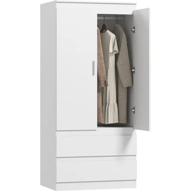 sogiol Kledingkast - Slaapkamerkast met 2 Deuren 2 Laden 3 Vakken - 80x55x177,5 cm - Wit
