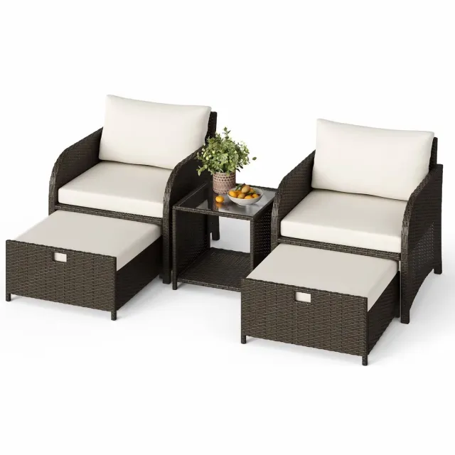 Happiq Buitenset Rattan Lounge - Sofa Set met Tempered Glass Salontafel - Blauw Beige