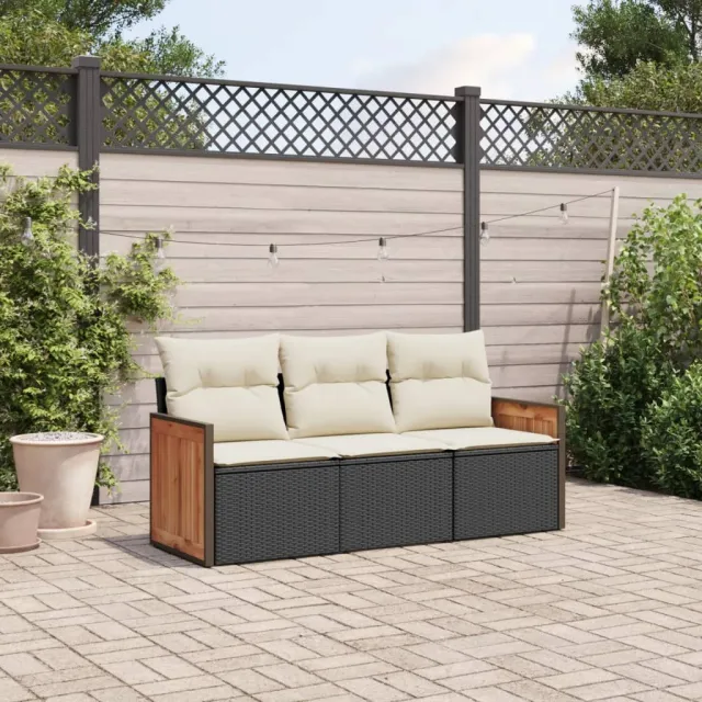 vidaXL 3-delige Loungeset met kussens poly rattan zwart, foto 2