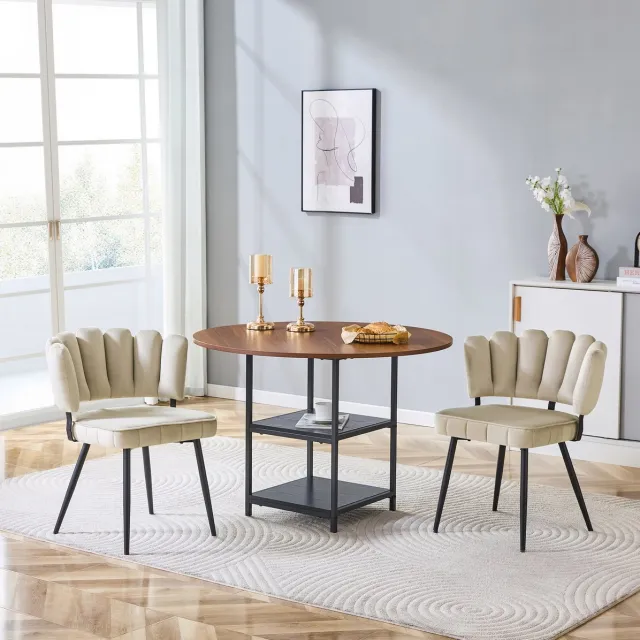 HAUSS SPOLE Set Tafel En Stoelen - Ronde Eettafel Met Dubbel Opbergniveau En 2 Stoffen Eetkamerstoelen - Voor Kleine Woningen - Walnoot En Zwart lichtbruin