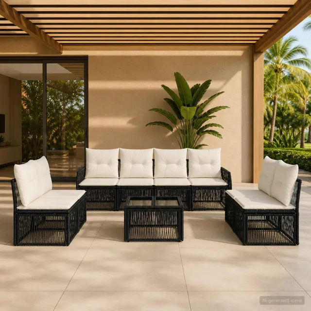 vidaXL Tuinbankenset 9 st 8-zits Zwart en Cream Wit poly rattan, foto 2