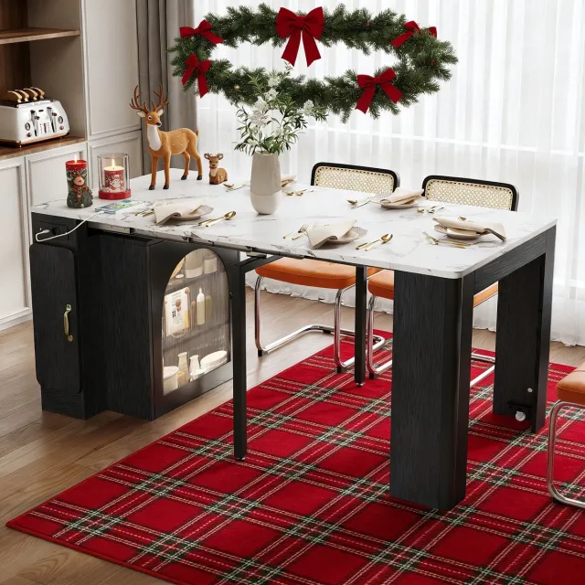 REDOM Eettafel 83 × 39.6~79.6~119.6~149.6 ×77 cm, MDF en glas, uittrekbaar en mobiel met LED en opbergruimte Wit+Zwart