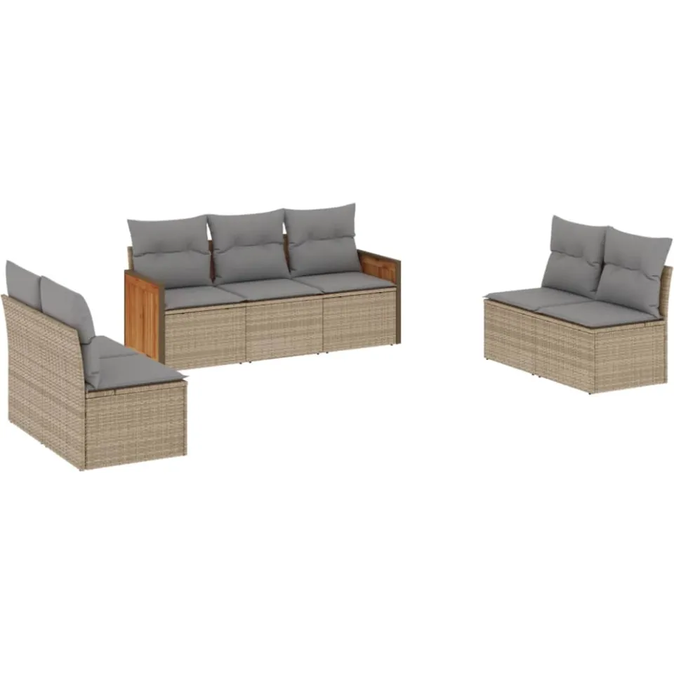 vidaXL 7-delige Loungeset met kussens poly rattan beige, foto 3