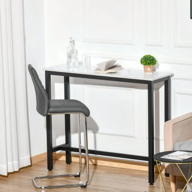 OKWISH Bartafel – Marmerlook Tafelblad – Voor Keuken, Eetkamer En Huisbar – Stalen Frame – Wit Met Zwart – 120 x 40 x 100 cm