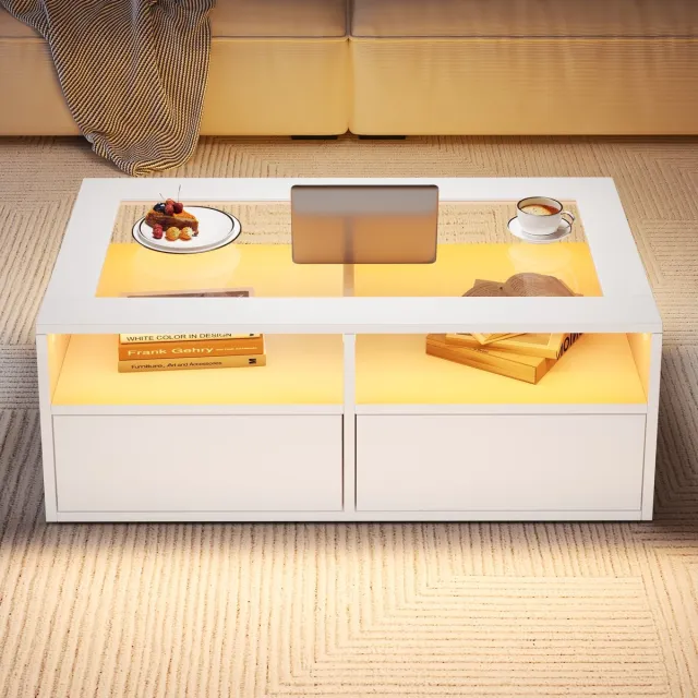 Clruro Salontafel - 100x50x35 cm - Met LED 2 Lades Glasblad En Open Opbergruimte - Glas - Wit