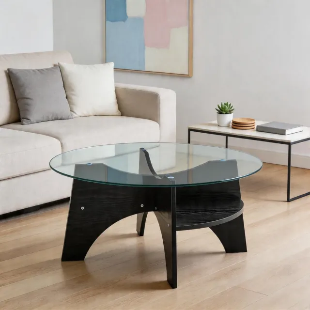 KOMHTOM Moderne ronde bijzettafel - Veiligheidsglas - Vakvormig frame - MDF tafelpoten met zwarte houtlook - Ø 80 cm Zwart, Transparant