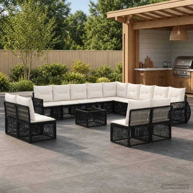 vidaXL Tuinbankenset 14 st Zwart en Cream Wit poly rattan, foto 2