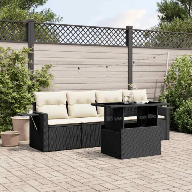 vidaXL 5-delige Loungeset met kussens poly rattan zwart, foto 2