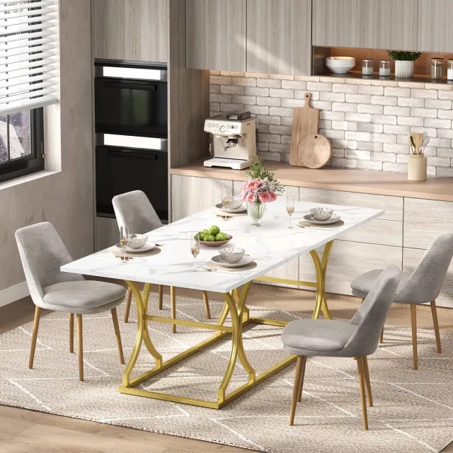 Zubaliya Eettafel 200x80 cm - Marmerlook Dining Tafel Voor 8-10 Personen - Rechthoekige Keukentafel Met Gouden Metalen Poten Wit Goud Wit + Goud