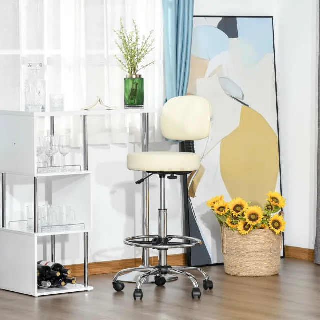 STILVORA Draaibare Barkruk 56 x 57 x 104 127 Cm Hoogteverstelbaar Met Rugleuning En Voetsteun Voor Keuken En Thuisbar Kunstleer Beige