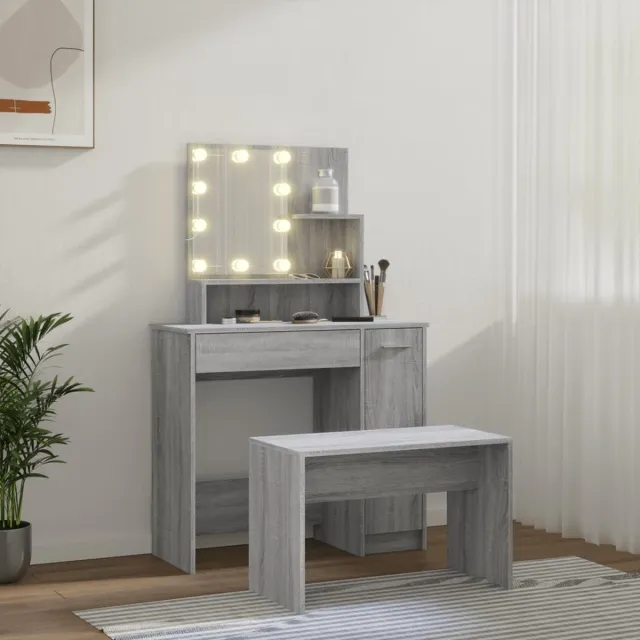 GranMaison Kaptafel met spiegel en verlichting - Make up tafel - Make up - Toilettafel - Met lades - 86,5 x 35 x 136 cm - Grijs sonoma eiken