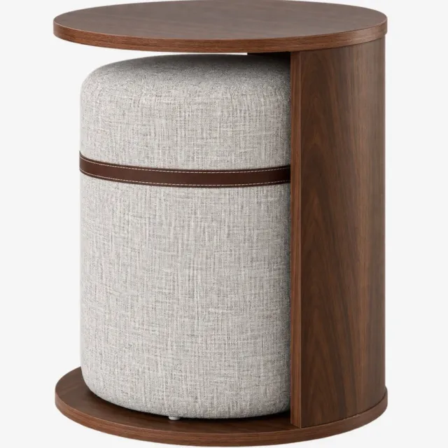 Noventra Bijzettafel met Poef – 2-in-1 Bijzettafel en Kruk – Ronde Tafel met Opbergruimte – Houten Tafel – Grijs – Bruin – Woonkamer