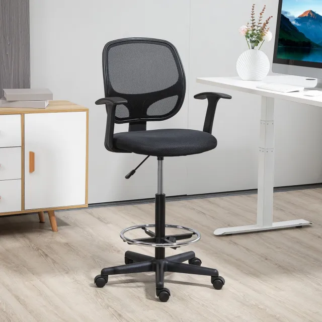 OKWISH Bureaustoel 60 x 56 x 110-132 Cm - Verstelbare Zithoogte en Voetring - Voor Tekentafel en Sta Bureau - Mesh en Metaal - Zwart