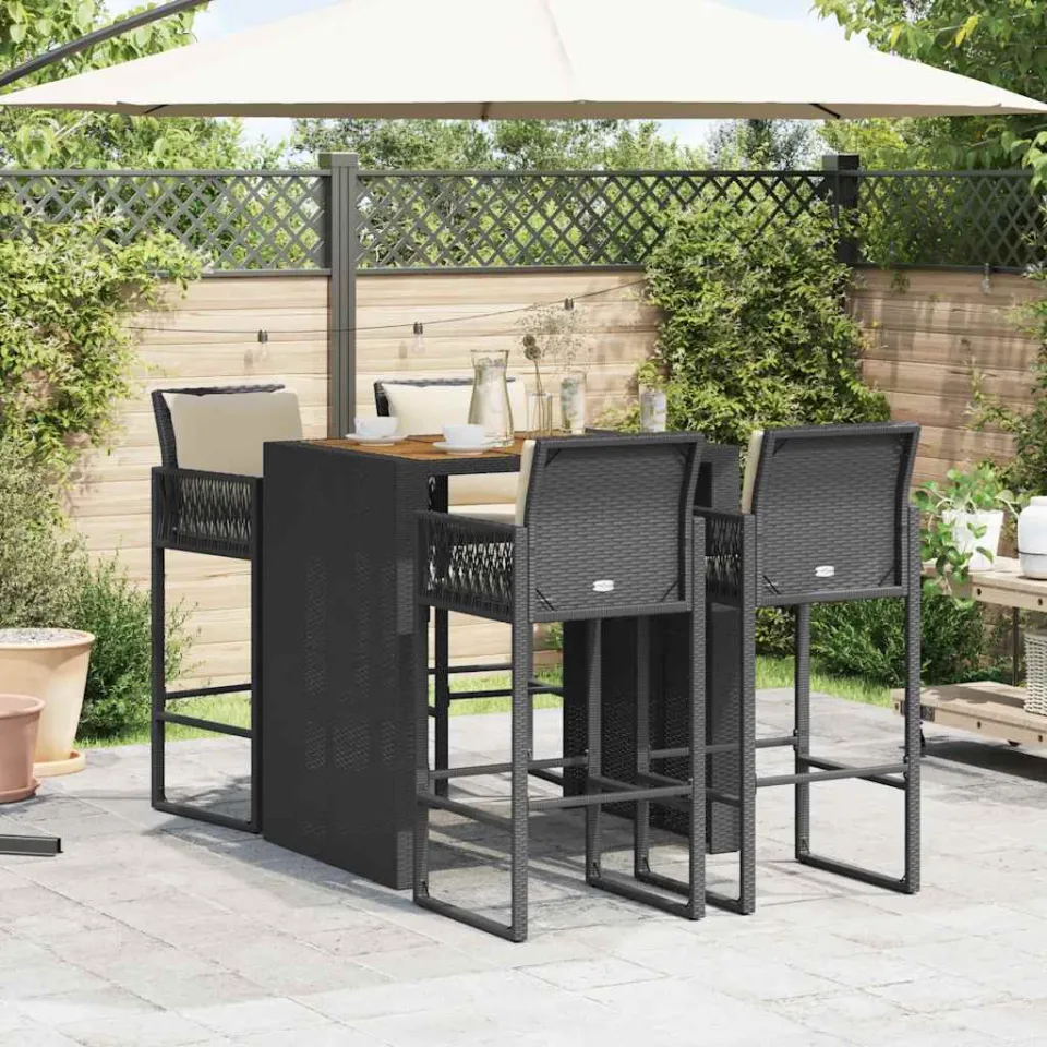 vidaXL 5-delige Tuinbarset met kussens poly rattan acacia zwart, foto 2