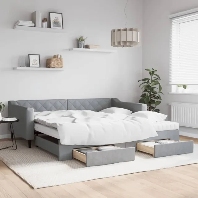 vidaXL Slaapbank onderschuifbed en lades 100x200 cm stof lichtgrijs grijs