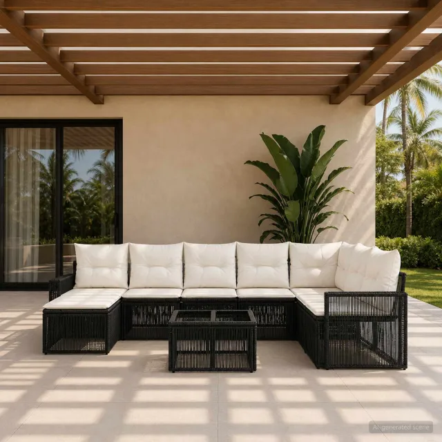 vidaXL Tuinbankenset 9 st Zwart en Cream Wit poly rattan, foto 2