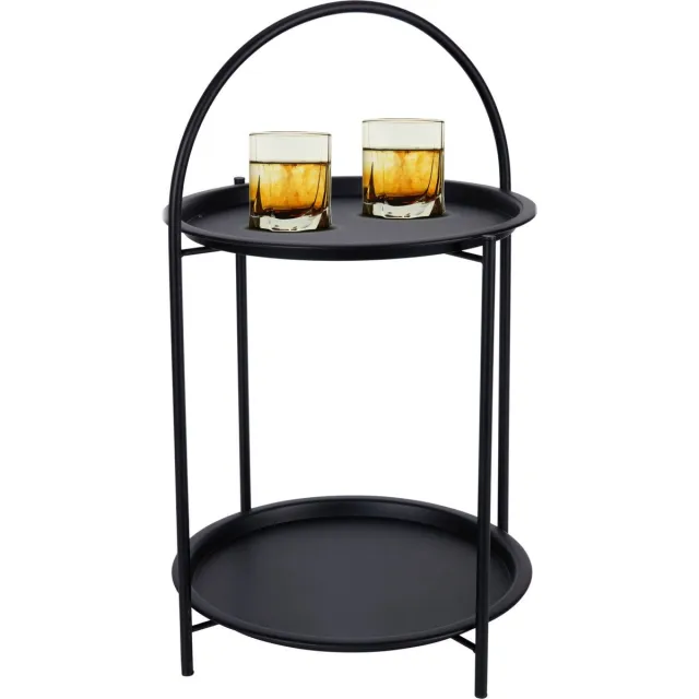 Home & Styling Bijzettafel 2 laags - zwart - metaal - 40 x 66 cm - plantenpot verhoger - binnen/buiten