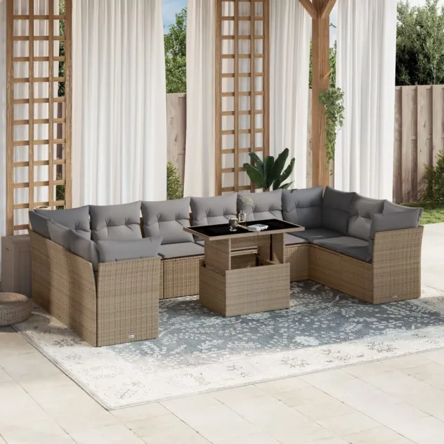 vidaXL 11-delige Tuinset met kussens poly rattan beige, foto 2
