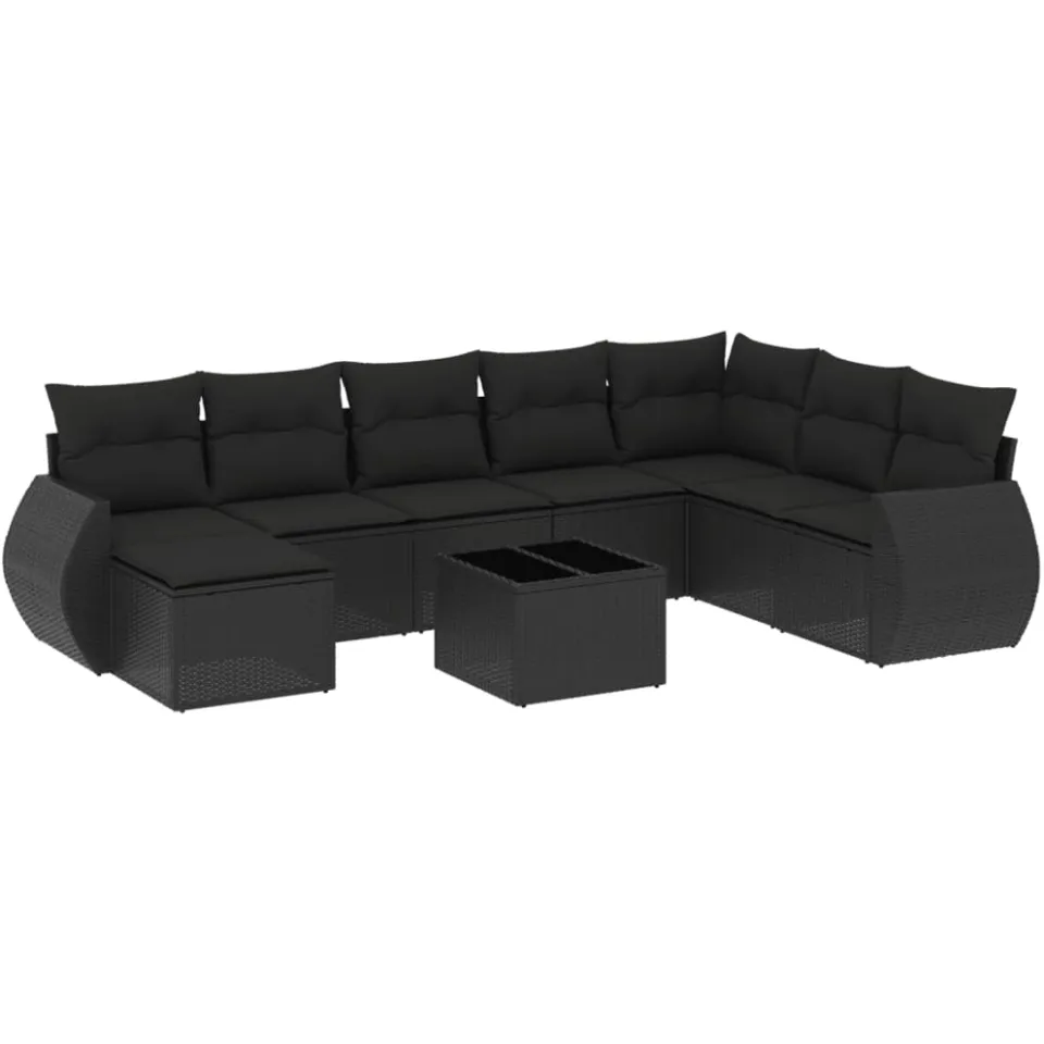 vidaXL 9-delige Loungeset met kussens poly rattan zwart, foto 3