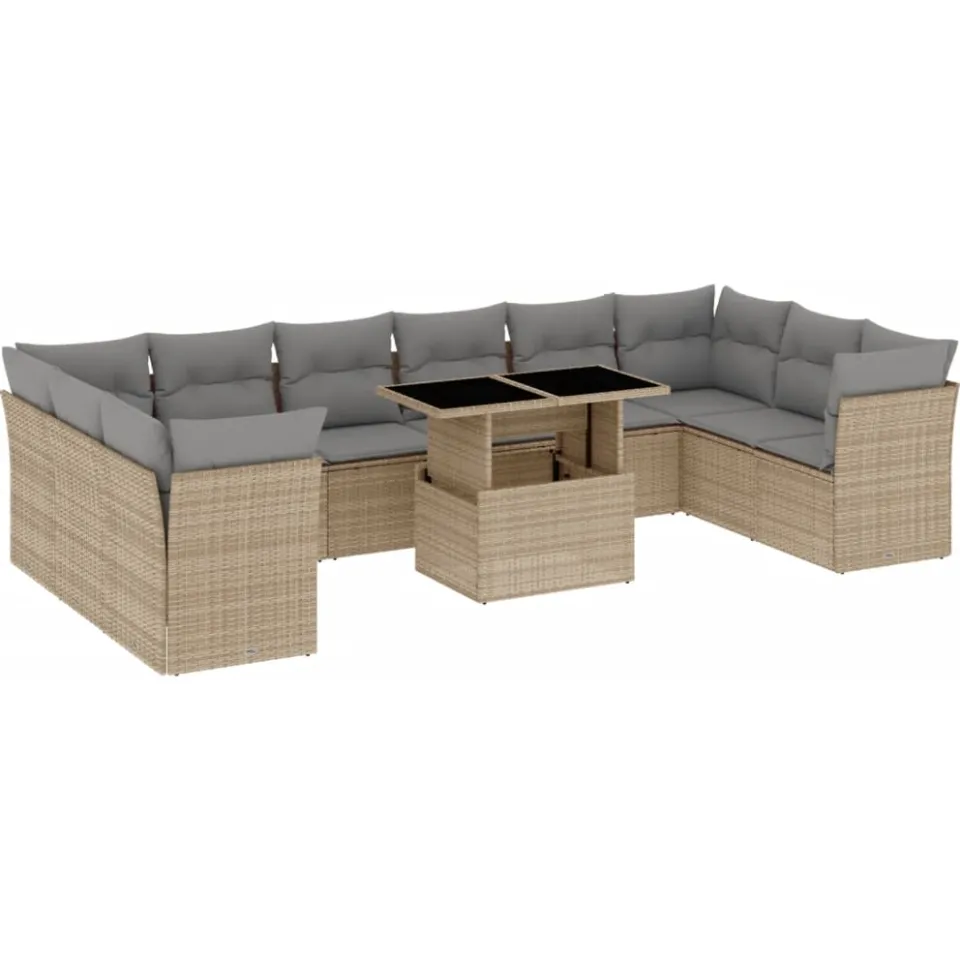 vidaXL 11-delige Tuinset met kussens poly rattan beige, foto 3
