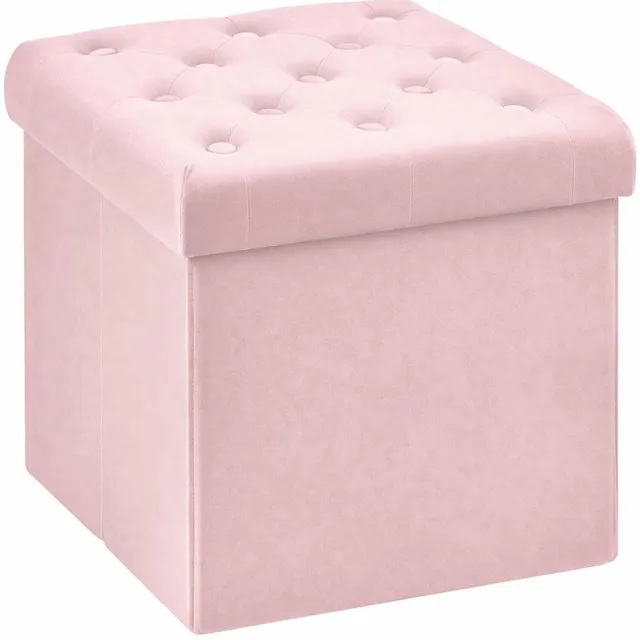 Famanu Fluwelen kruk in roze, decoratieve opbergdoos met deksel, stoffen opbergruimte en opvouwbare voetenbank, 40 x 40 x 40 cm