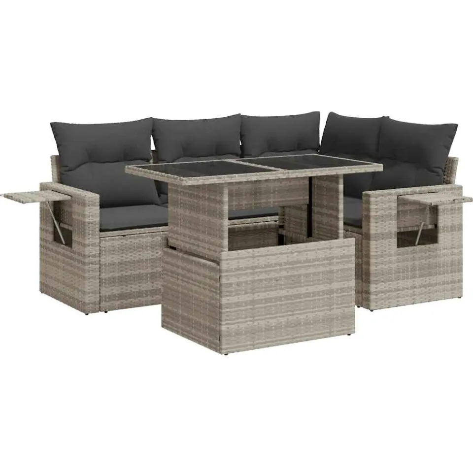 vidaXL 5-delige Loungeset met kussens poly rattan lichtgrijs grijs, foto 3
