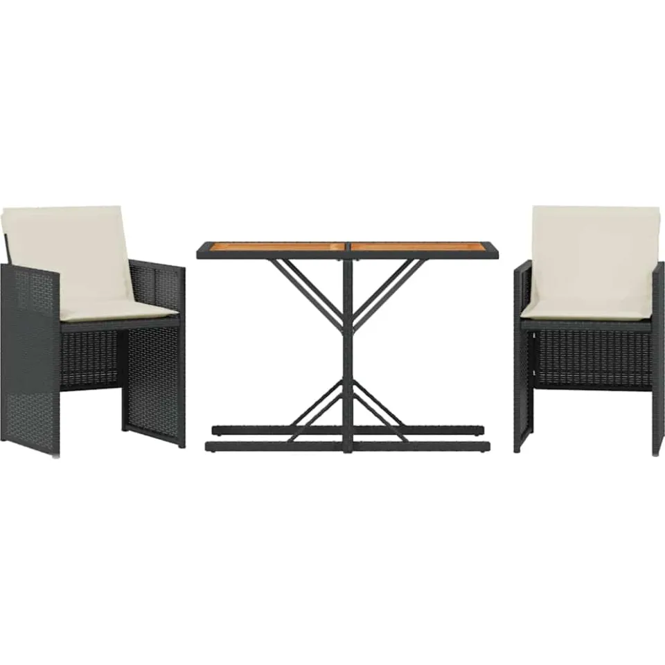 vidaXL 3-delige Bistroset met kussens poly rattan zwart