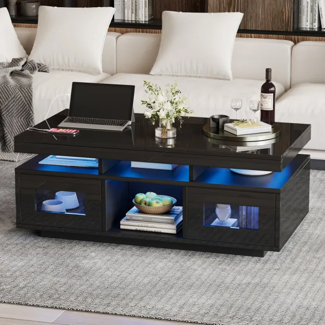 HAUSS SPOLE Salontafel - Hoogglans Met Led En Opbergruimte - Voor Woonkamer Slaapkamer Of Werkkamer - Hout - 100x50x43 Cm - Zwart