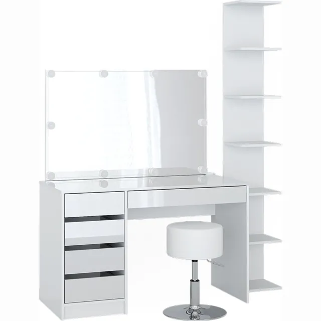 Vicco Kaptafel Sherry, Wit, met spiegel, LED-lichtslinger, kruk en wandrek