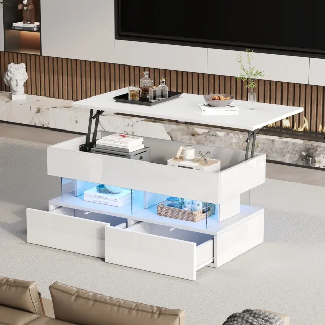 HAUSS SPOLE Salontafel - Hoogteverstelbaar Met LED En 2 Lades - Met Verborgen Opbergruimte Voor Woonkamer - MDF En Acryl - 100x50x46 Cm - Wit