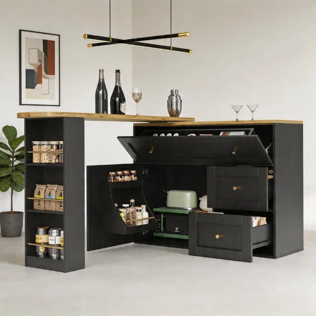 KOMHTOM Uitschuifbare bartafel met opbergruimte - 138-204×39×105 cm - Keukenkast en dressoir met snackplank - Telescopische statafel, bistrotafel en keukeneiland - Zwart