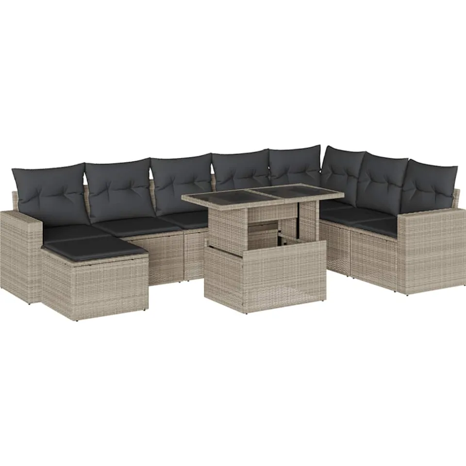 vidaXL 9-delige Loungeset met kussens poly rattan lichtgrijs