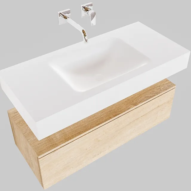 Boss & Wessing Badkamermeubel BWS Ibiza 100 cm Washed Oak Solid Surface Wastafel Mat Wit (zes varianten)
