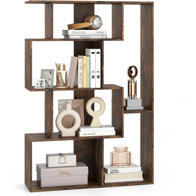 Costway Geometrische boekenkast, houten rek met 6 kubussen met kantelbeveiligingen, ruimteverdeler, vrijstaand, display 80 x 30 x 119 cm, staand rek voor slaapkamer, woonkamer (bruin)