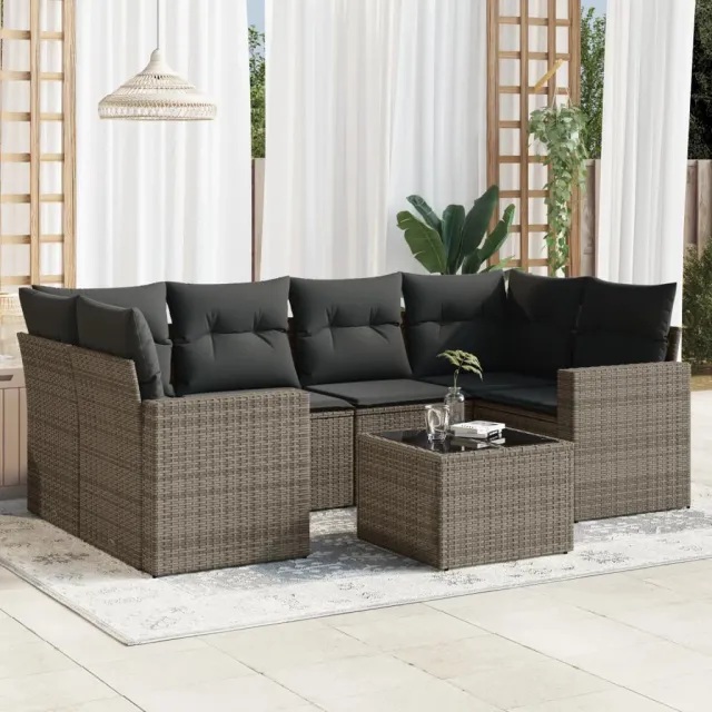 vidaXL 7-delige Loungeset met kussens poly rattan grijs, foto 2